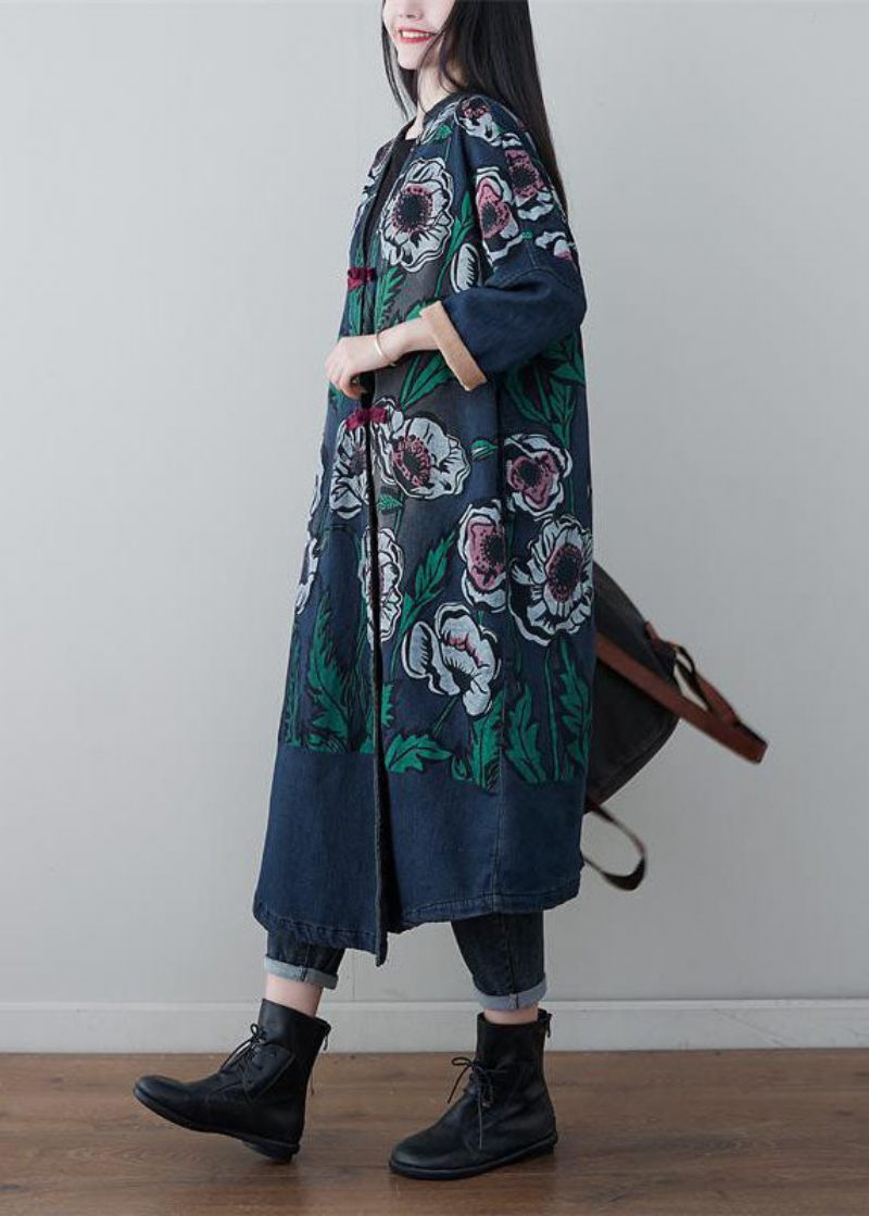 Vintage Denim Blå V-hals Patchwork Print Bomull Coats Spring - Vinterkappor för kvinnor