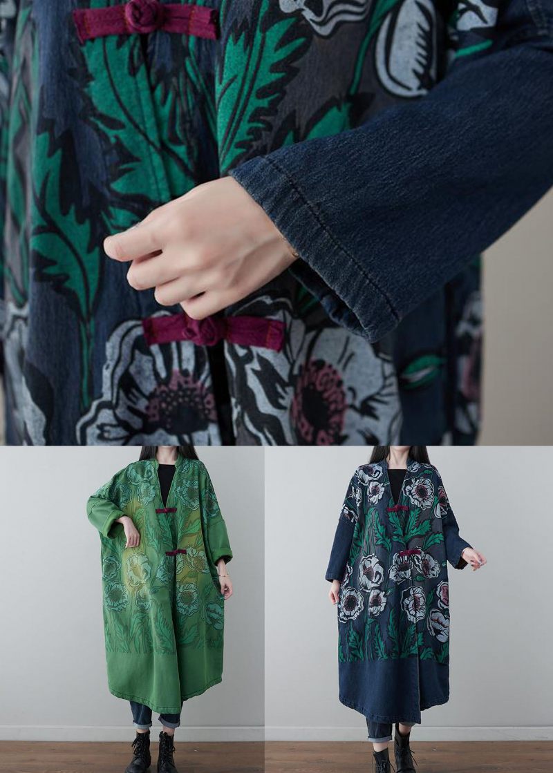 Vintage Denim Blå V-hals Patchwork Print Bomull Coats Spring - Vinterkappor för kvinnor