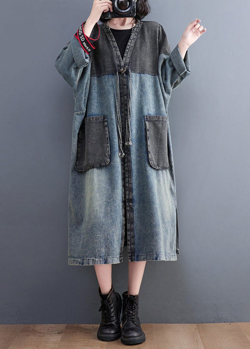 Vintage Denim Blå V-hals Patchwork Trench Coat Spring