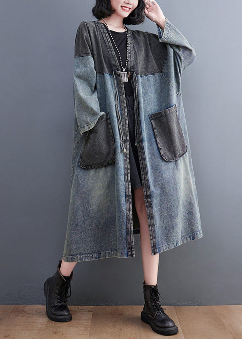 Vintage Denim Blå V-hals Patchwork Trench Coat Spring - Trenchcoats för kvinnor