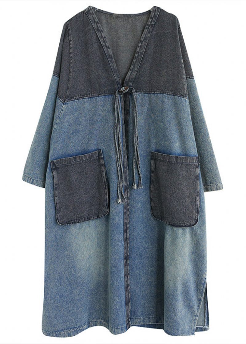 Vintage Denim Blå V-hals Patchwork Trench Coat Spring - Trenchcoats för kvinnor