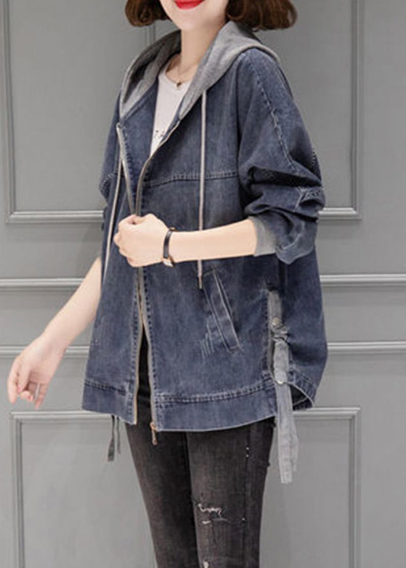 Vintage Gråblå Patchwork Dragsko Hooded Denim Coat Fall - Vinterkappor för kvinnor