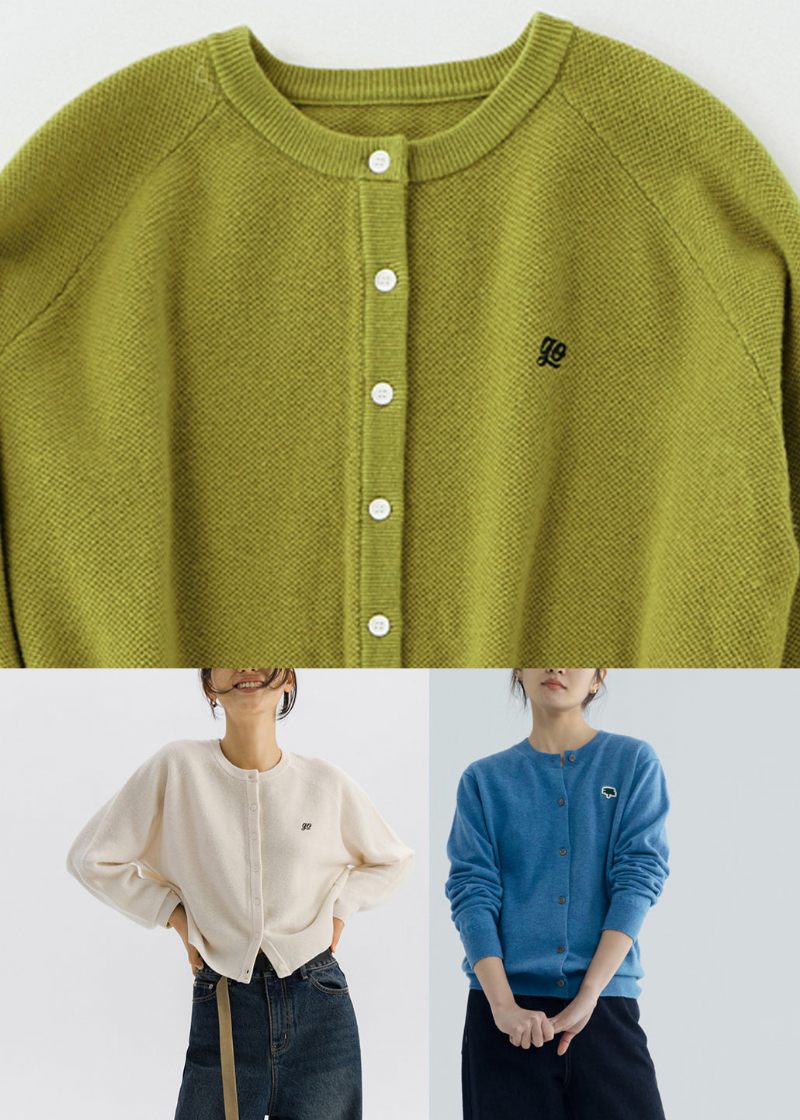 Vintage Grön O-hals Mysig Yllestickad Cardigan Långärmad - Grön