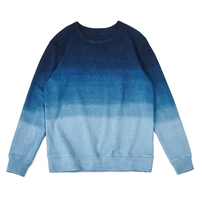 Vintage Kammad Bomull Indigo Sweatshirt Herr Vår Höst Gradient Luvtröja Utan Huvtröja Toppar - Gradient Blå