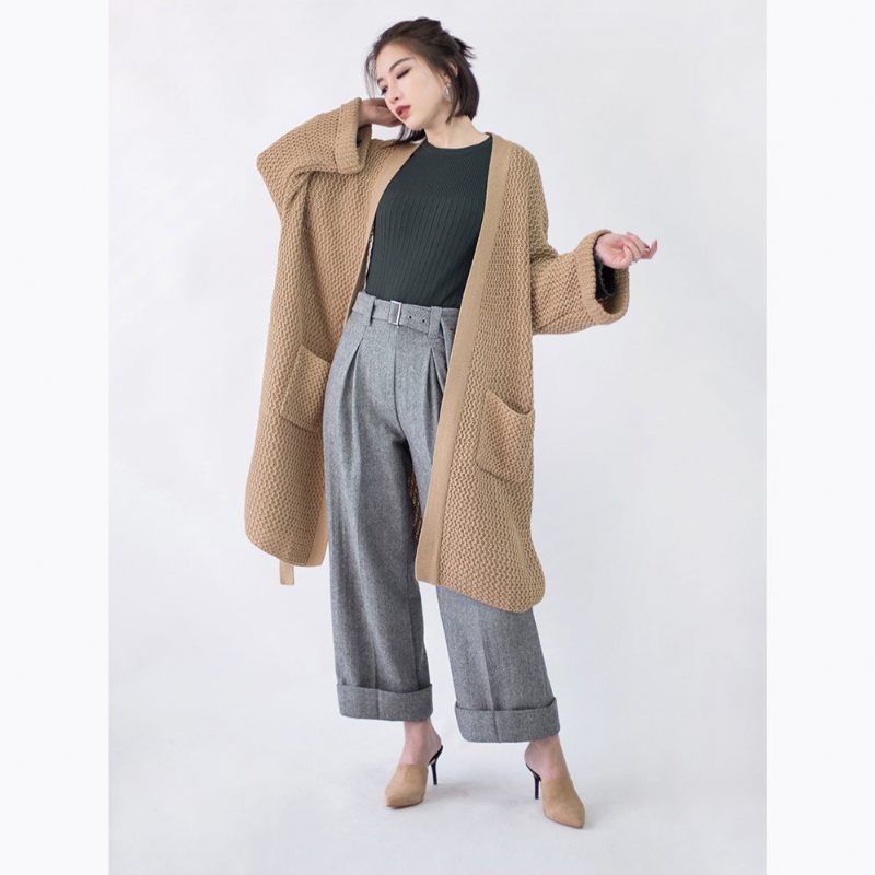 Vintage Khaki Kappor Trendiga Plus Size Utsvängda Ärmar Knyt Midja Vinterkappa Fina Fickor Yllejackor - Khaki