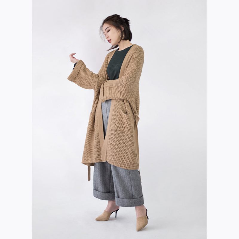 Vintage Khaki Kappor Trendiga Plus Size Utsvängda Ärmar Knyt Midja Vinterkappa Fina Fickor Yllejackor - Khaki