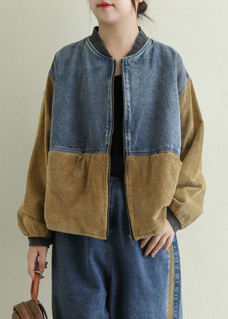 Vintage Khaki Zip Up Corduroy Patchwork Denim Coat Långärmad