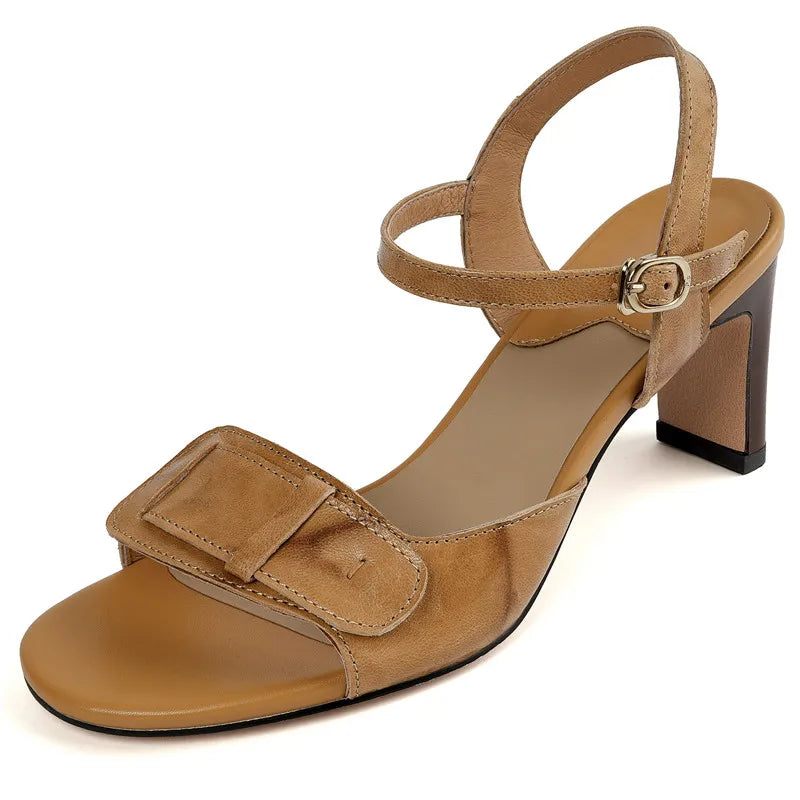 Vintage Lädersandaler Dam Spänne Sommar Sandaler Tjocka Högklackade Slingbacks Damsandaler - Kaki