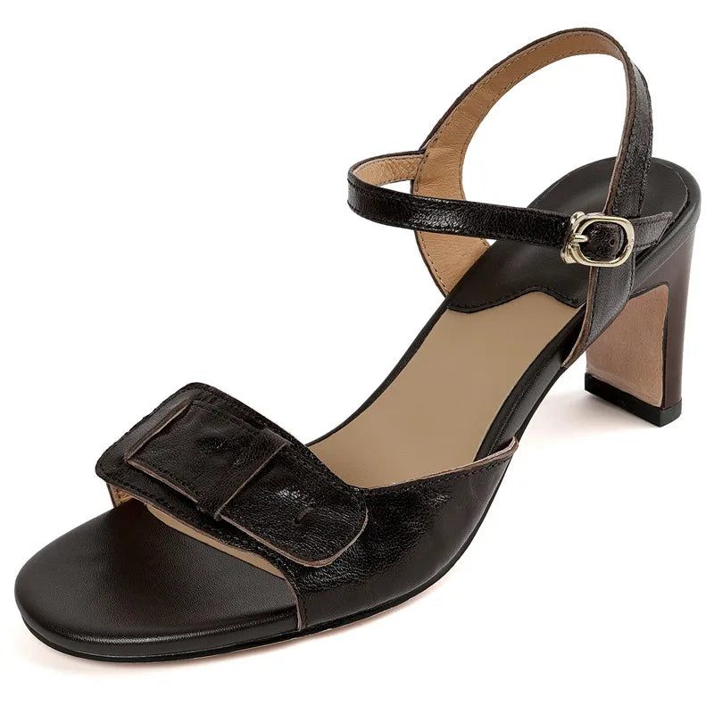 Vintage Lädersandaler Dam Spänne Sommar Sandaler Tjocka Högklackade Slingbacks Damsandaler - Kaki