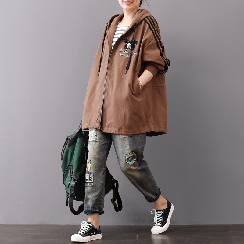 Vintage Mörk Khaki Midi-lång Bomullsjacka Oversize Bomull Fin Dragkedja Med Huva I Naturlig - Mörk Khaki