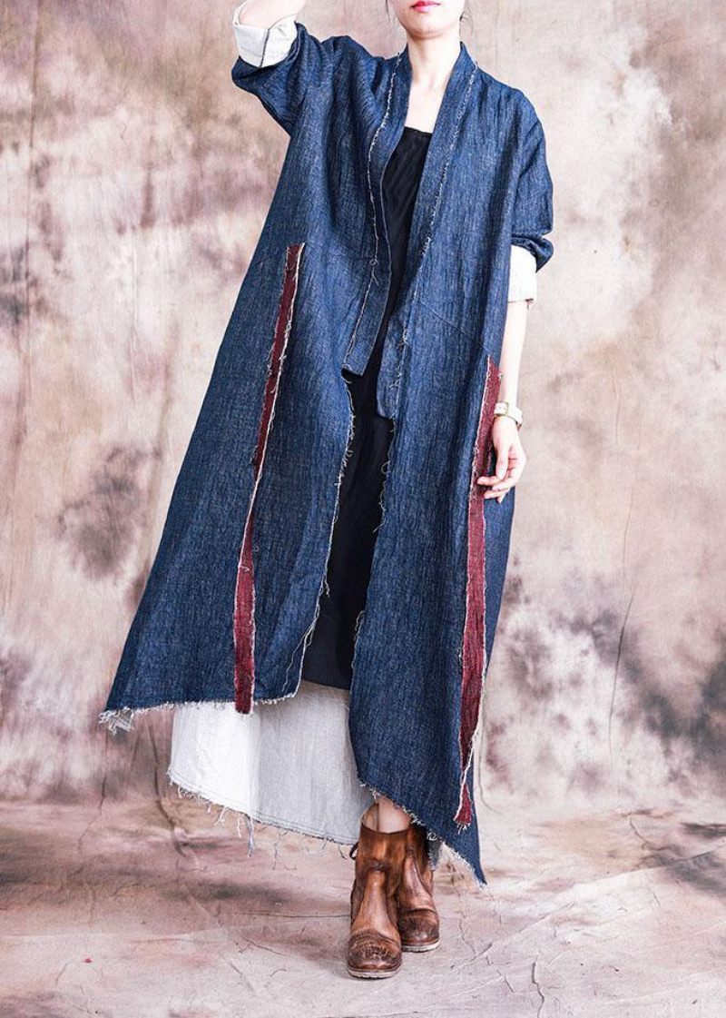 Vintage Oversize Kappor Höst Ytterkläder Blå Patchwork Asymmetriska