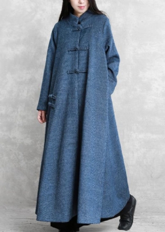 Vintage Plus Size Jackor Kappa Blå Stativ Krage Asymmetrisk Woolen Coats