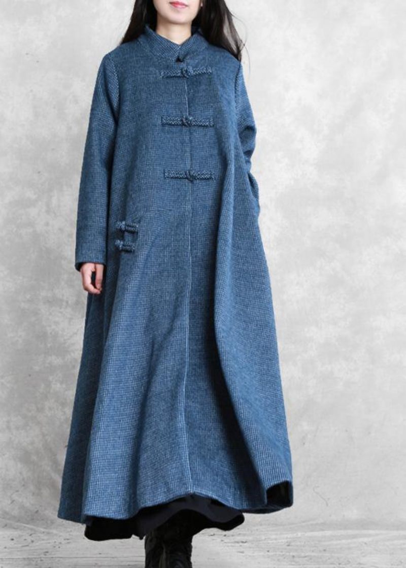 Vintage Plus Size Jackor Kappa Blå Stativ Krage Asymmetrisk Woolen Coats - Ullrockar för kvinnor