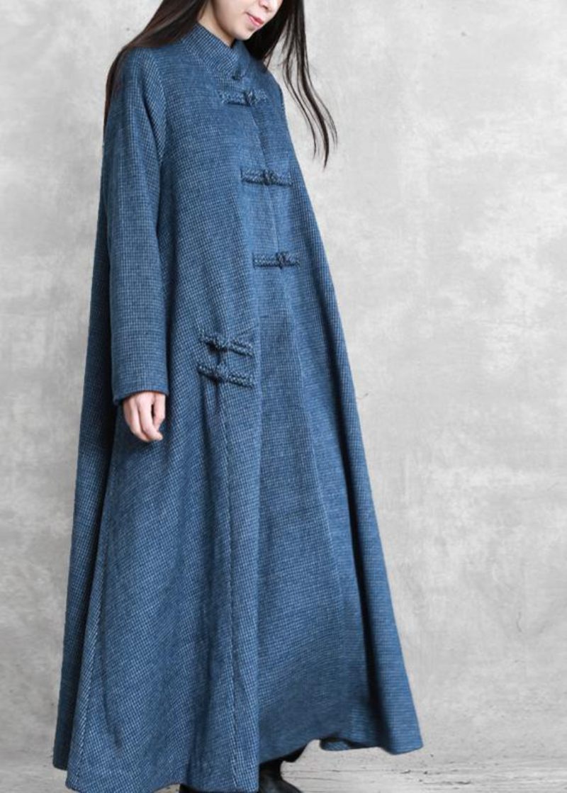 Vintage Plus Size Jackor Kappa Blå Stativ Krage Asymmetrisk Woolen Coats - Ullrockar för kvinnor