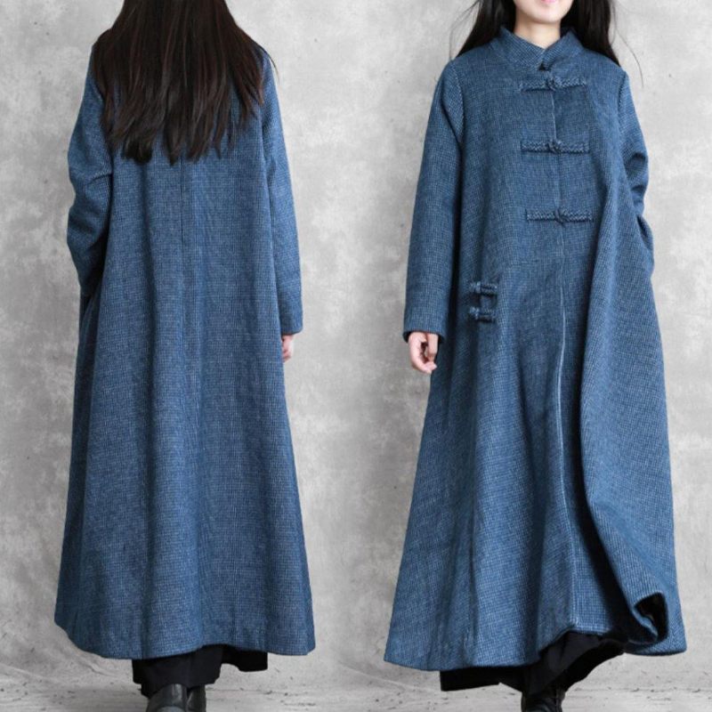 Vintage Plus Size Jackor Kappa Blå Stativ Krage Asymmetrisk Woolen Coats - Ullrockar för kvinnor