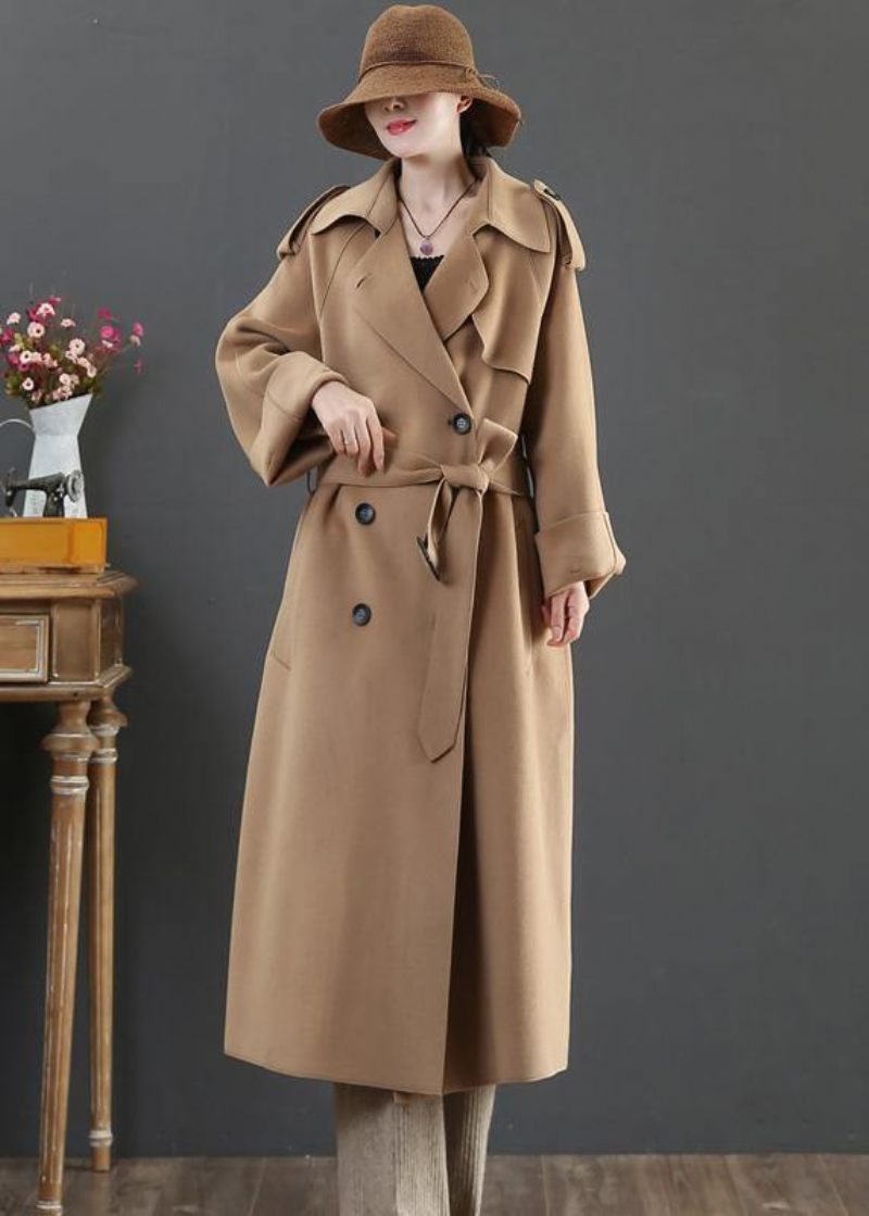 Vintage Plus Size Kläder Lång Vinter Ylle Ytterkläder Brun Lapel Dubbel Bröst Ull Kappa För Kvinna - Brun