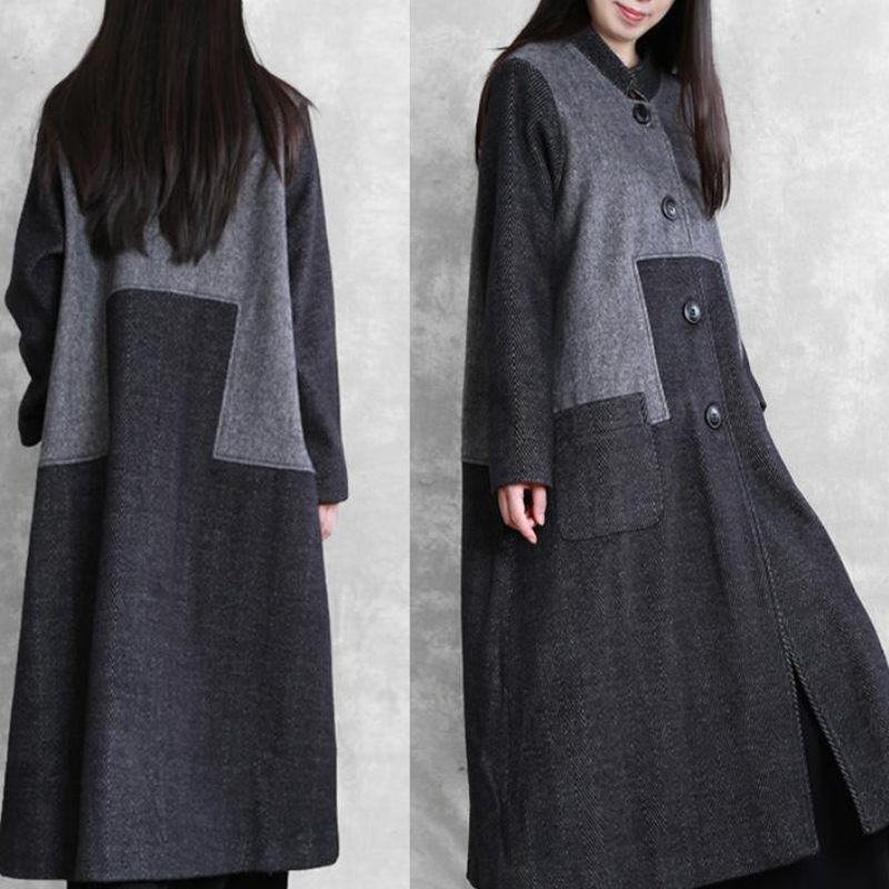 Vintage Plus Size Lång Kappa Ytterkläder Mörkgrå Stativ Krage Patchwork Ylle Överrock - Trenchcoats för kvinnor