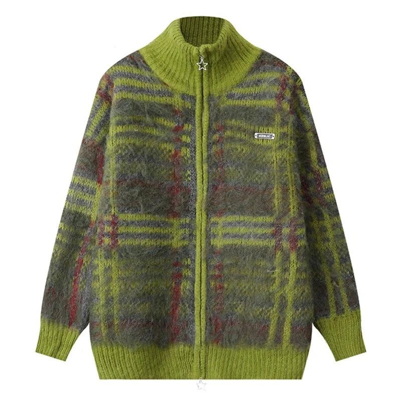 Vintage Randig Cardigan Tröja Vinter Varm Dragkedja Stickade Tröjor Hip Hop Streetwear Stickad Kappa Kläder - Khaki