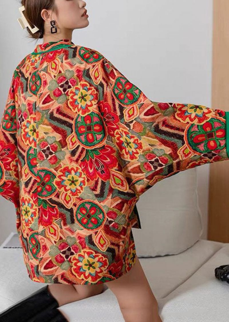 Vintage Röd Orientalisk Knapp Patchwork Print Fin Bomullsfylld Jacka Vinter - Vinterkappor för kvinnor