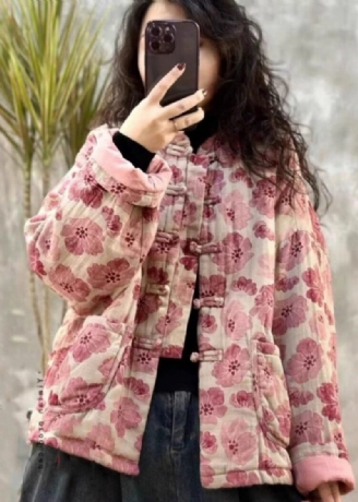 Vintage Rosa Oversized Print Fin Bomullsfylld Parkaer Winter