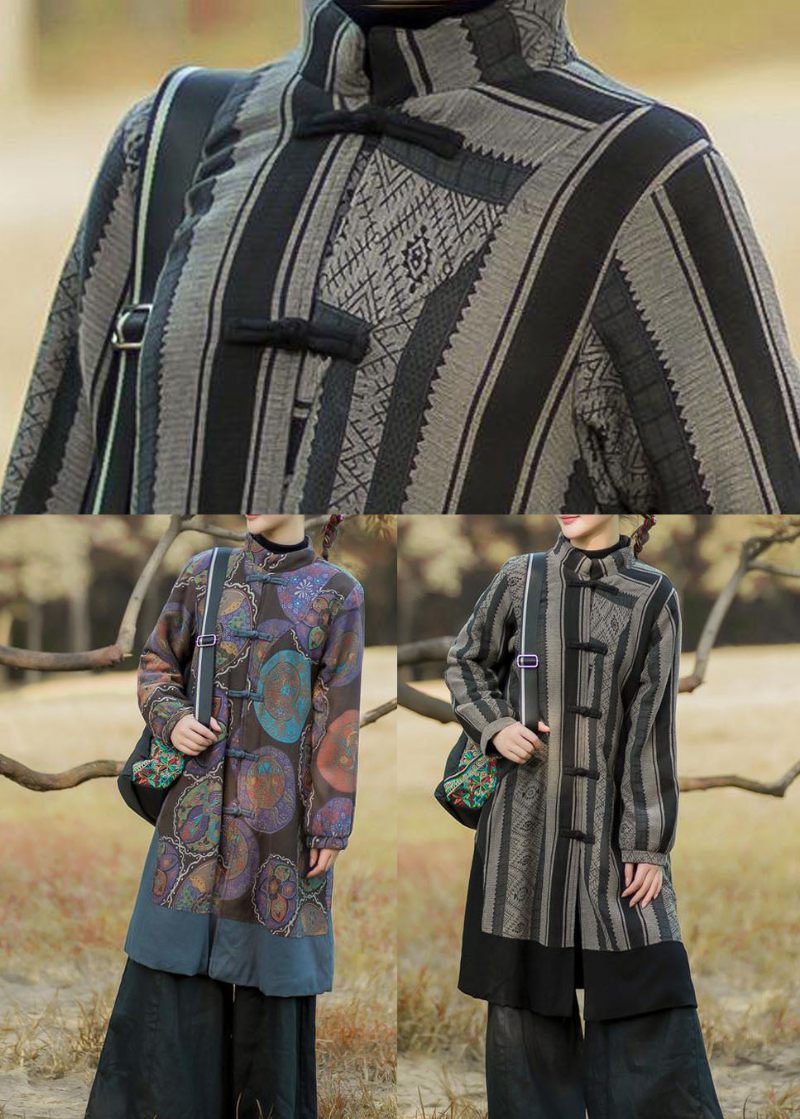 Vintage Svart Randig Patchwork Orientalisk Knapp Varm Fleece Långa Kappor Vinter - Vinterkappor för kvinnor