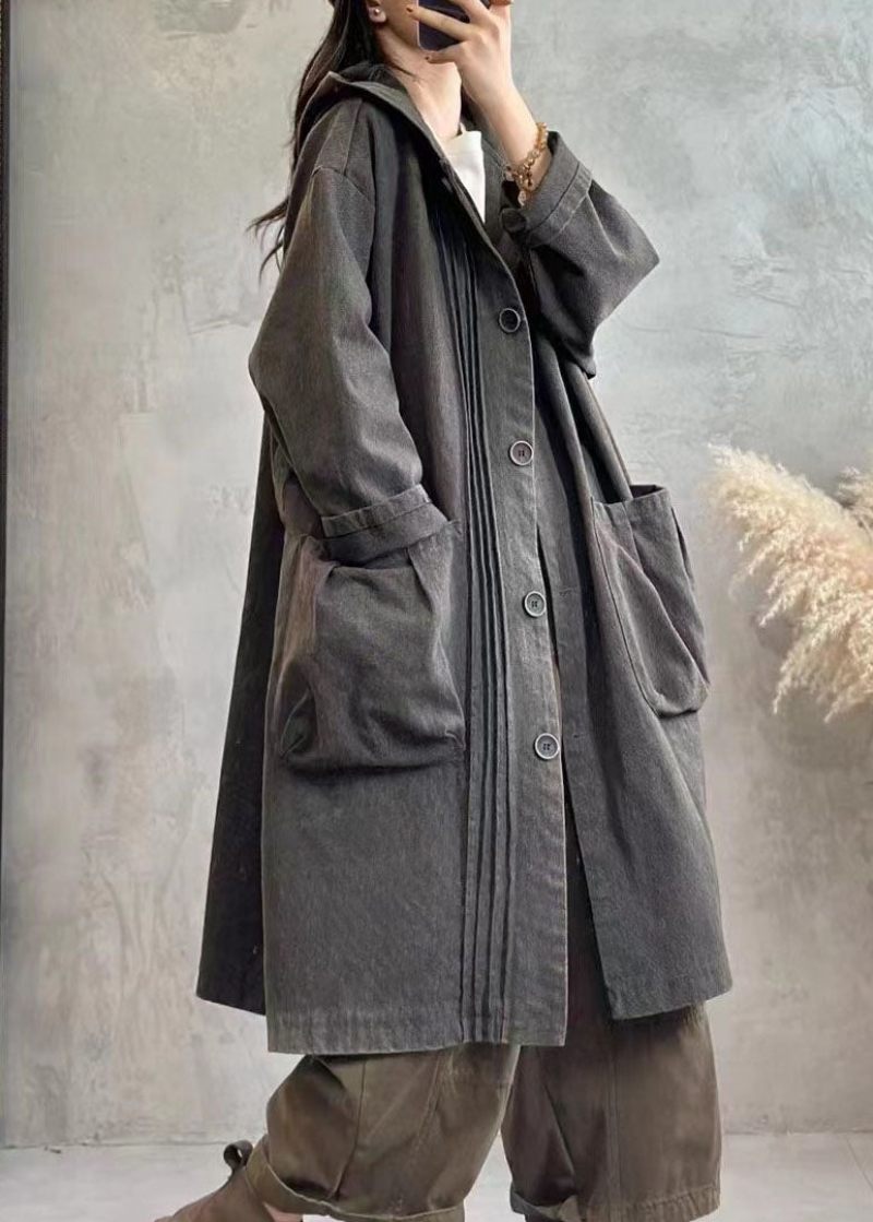 Vintage Svart Rynkig Knapp Hoodies Denim Trench Coats Fall - Svart