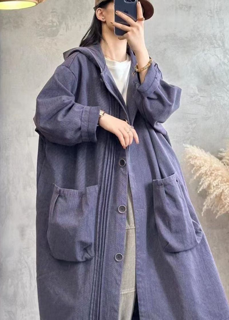 Vintage Svart Skrynklig Patchwork Button Hooded Denim Trench Coats Långärmad - Svart