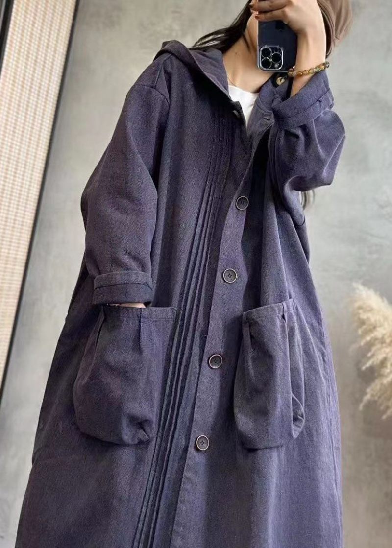 Vintage Svart Skrynklig Patchwork Button Hooded Denim Trench Coats Långärmad - Svart