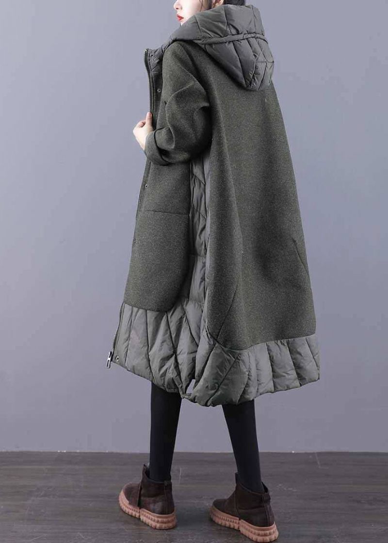 Vintage Tea Green Hooded Patchwork Woolen Winter Coat - Svart