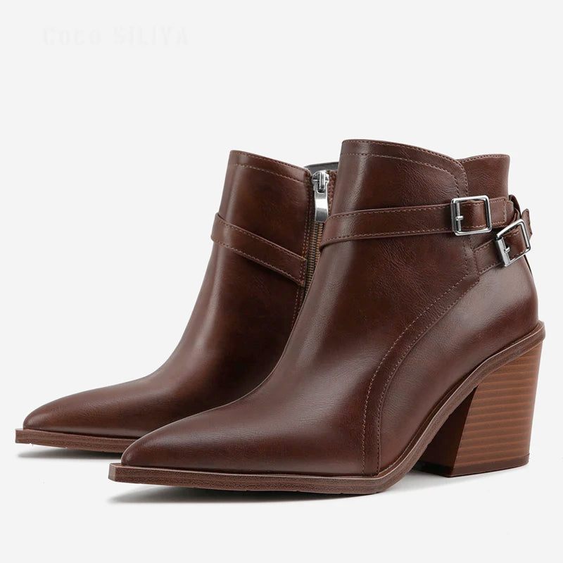 Vinter Chelsea Boots Spetsiga Tå Kvinnor Ankel Retro Chunky Högklackat - Svart