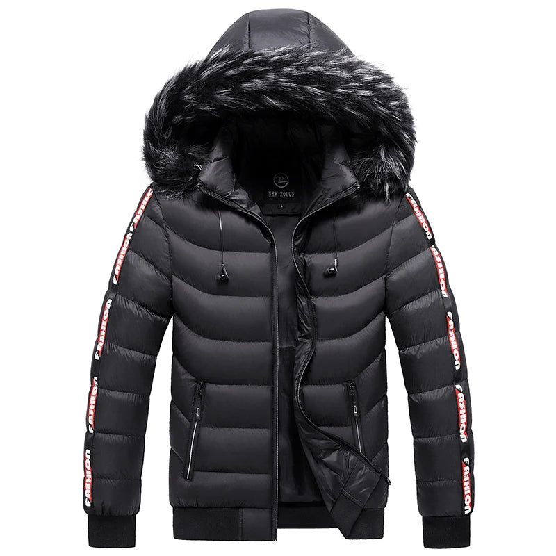 Vinter Herr Velvet Parka Coat Pälskrage Hooded Plus Thick Warm Jacka - Svart