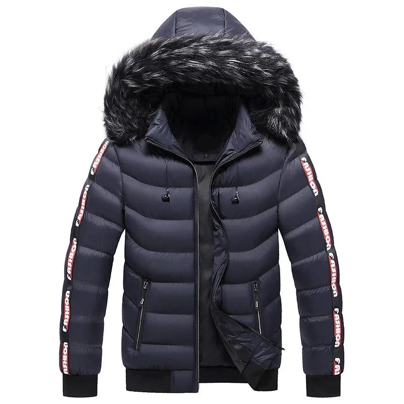 Vinter Herr Velvet Parka Coat Pälskrage Hooded Plus Thick Warm Jacka - Svart