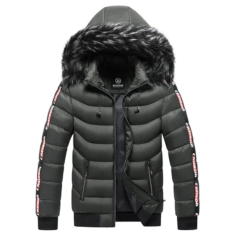 Vinter Herr Velvet Parka Coat Pälskrage Hooded Plus Thick Warm Jacka - Svart