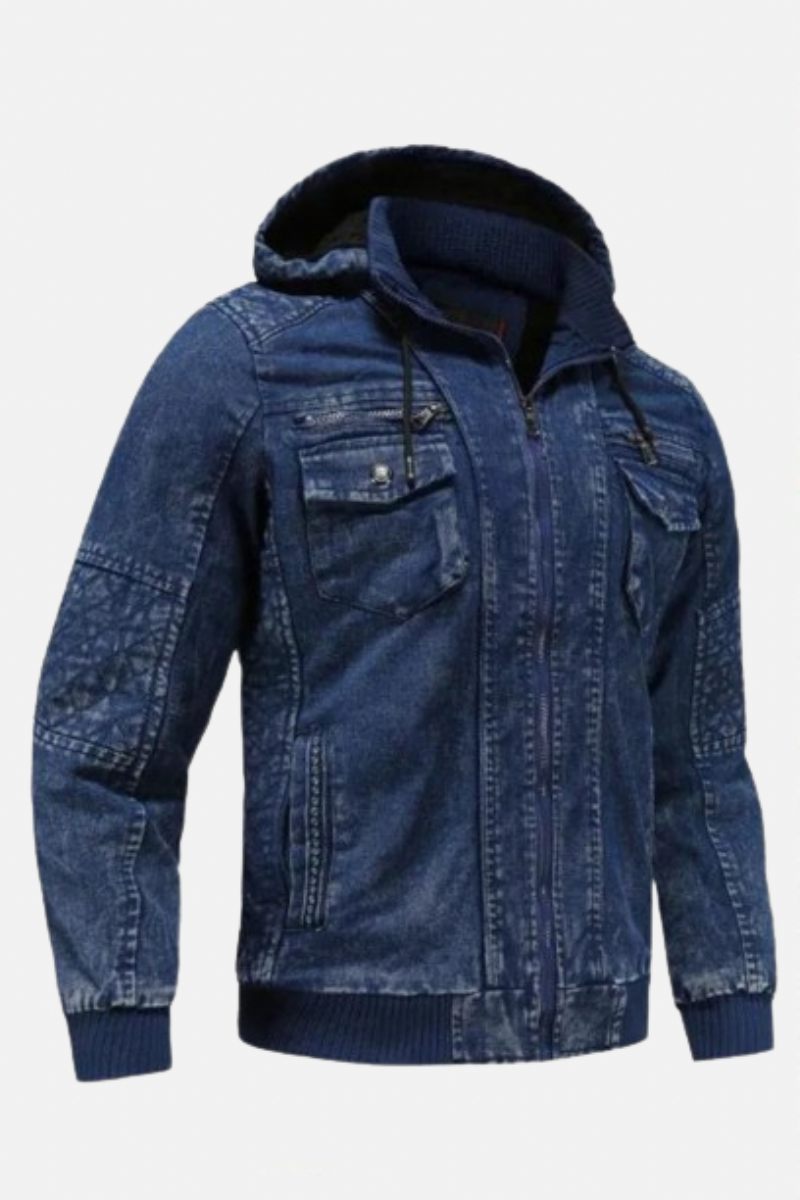 Vinter Jeansjacka Plus Sammet Varm Solid Tjock Fritidsjacka Herr Bomull Kappa Hooded