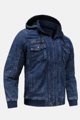 Vinter Jeansjacka Plus Sammet Varm Solid Tjock Fritidsjacka Herr Bomull Kappa Hooded