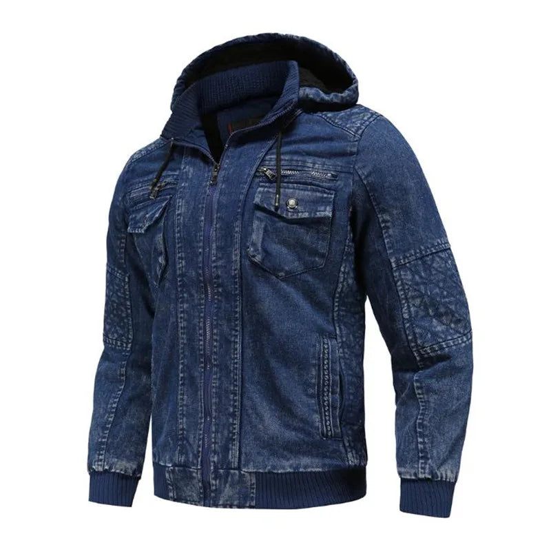 Vinter Jeansjacka Plus Sammet Varm Solid Tjock Fritidsjacka Herr Bomull Kappa Hooded - Blå