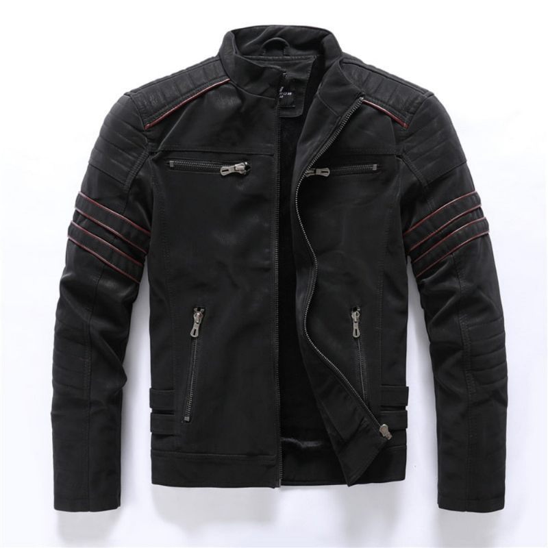 Vinter Motorcykel Skinnjacka Män Vintage Fleece Varm Flerficks Läderjacka Manlig Dragkedja Höst Ytterkläder - Black01