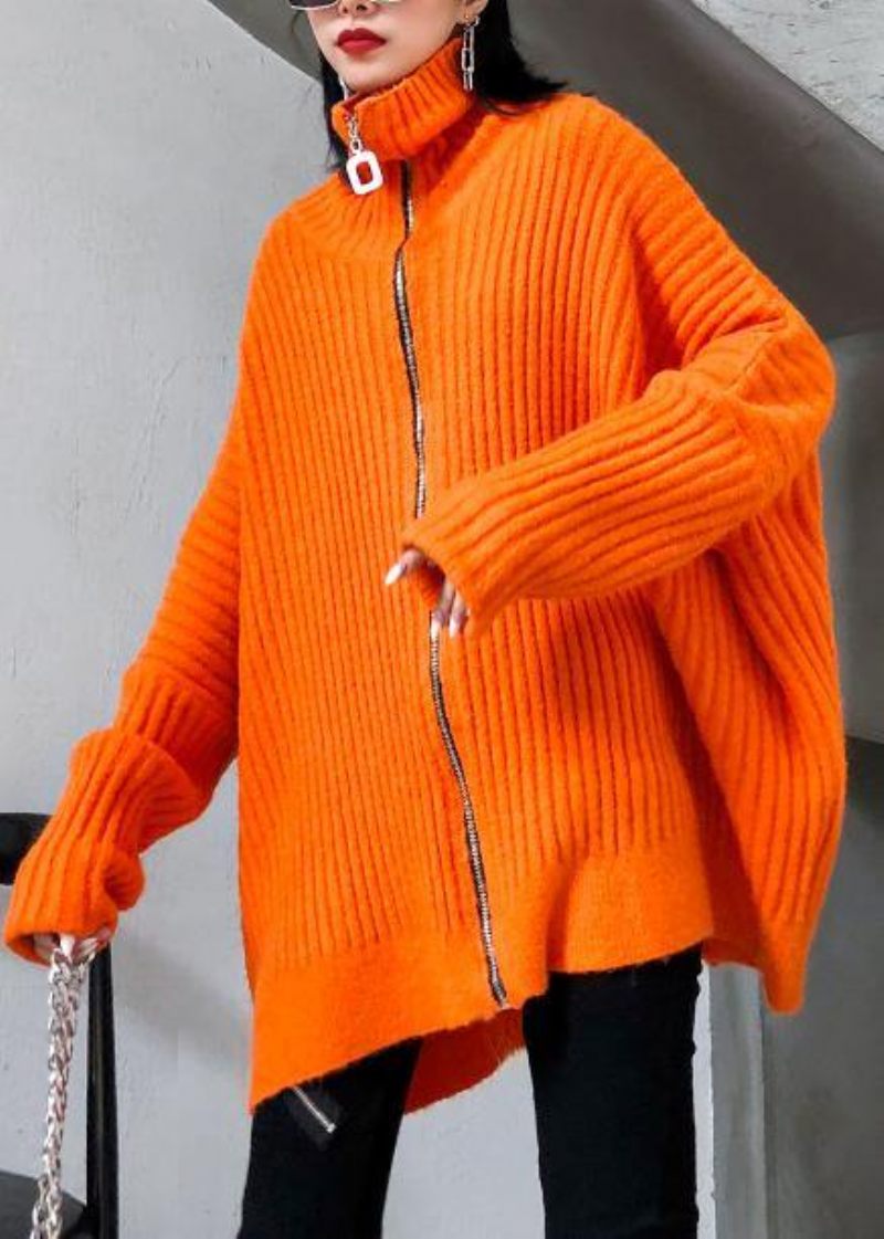 Vinter Orange Stickade Toppar Trendiga Plus Size Stickad Blus Med Dragkedja Och Hög Hals