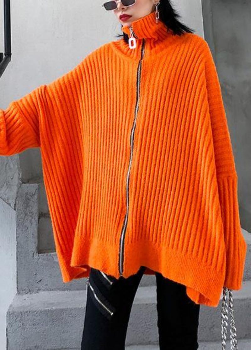 Vinter Orange Stickade Toppar Trendiga Plus Size Stickad Blus Med Dragkedja Och Hög Hals - Orange