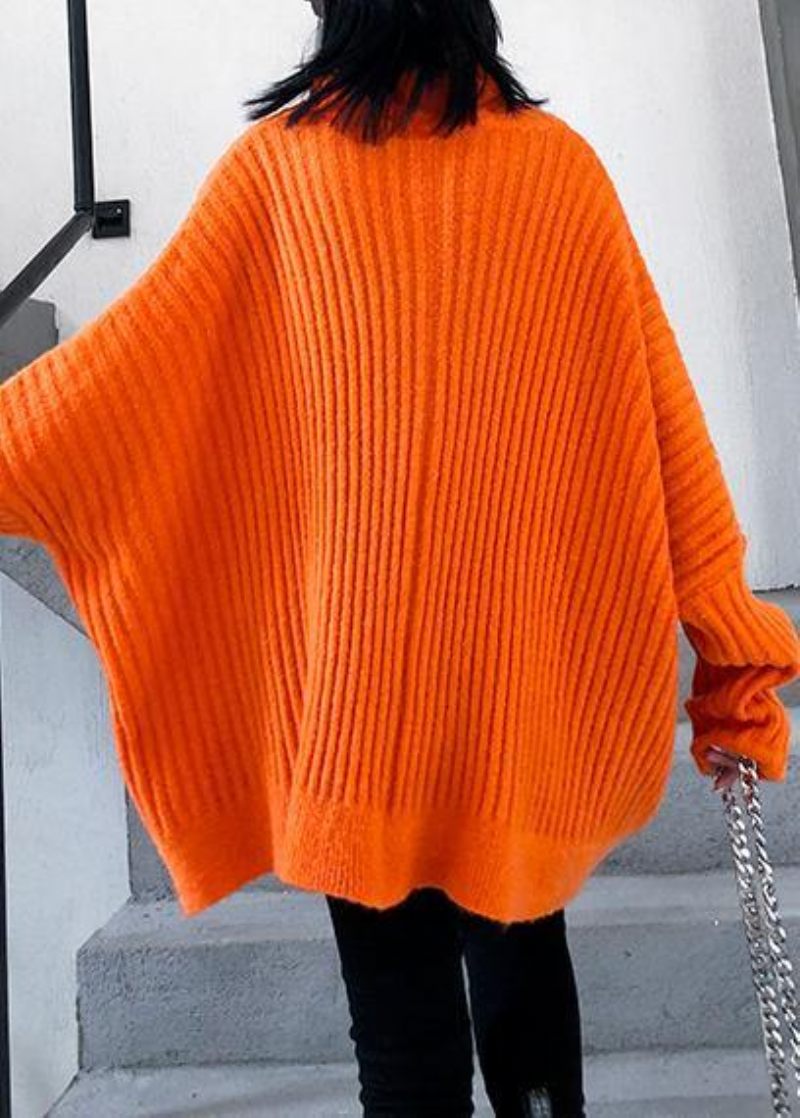 Vinter Orange Stickade Toppar Trendiga Plus Size Stickad Blus Med Dragkedja Och Hög Hals - Orange