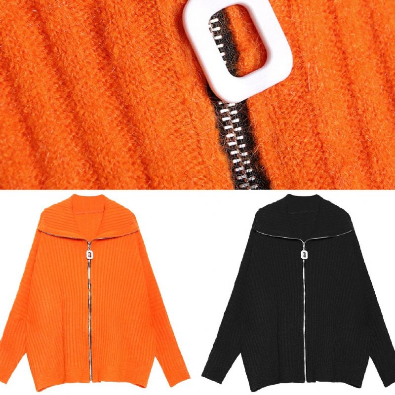 Vinter Orange Stickade Toppar Trendiga Plus Size Stickad Blus Med Dragkedja Och Hög Hals - Orange