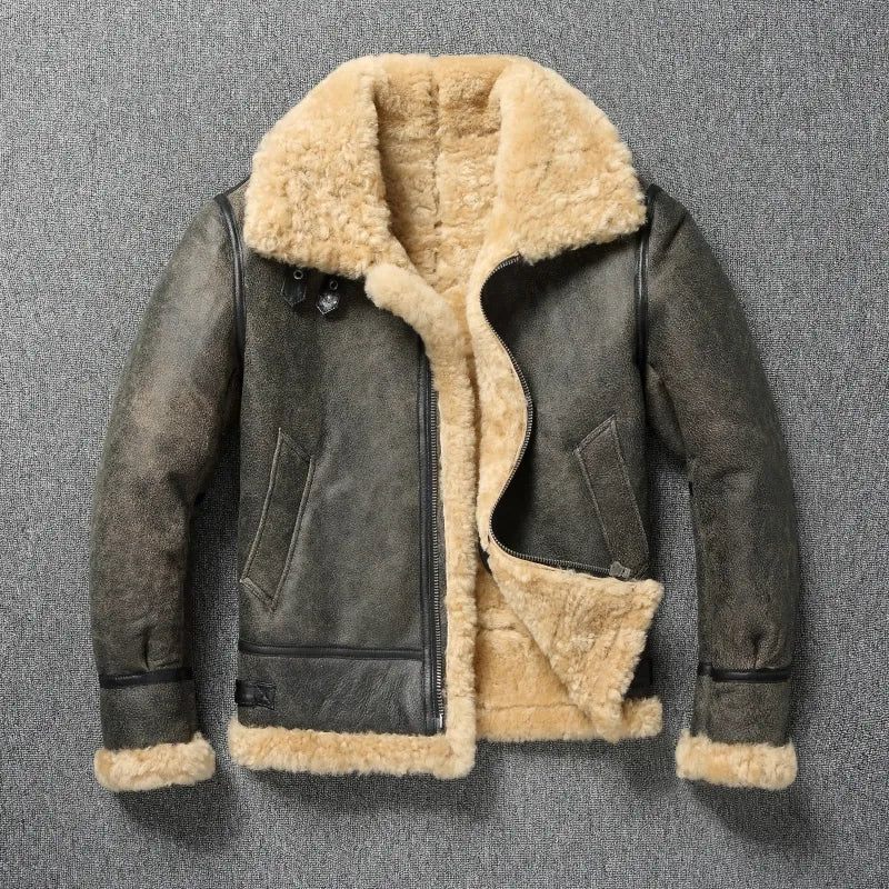 Vinter Varm Tjock Ull Skinnjacka Män Äkta Päls Naturliga Shearling Ytterkläder. - Grå