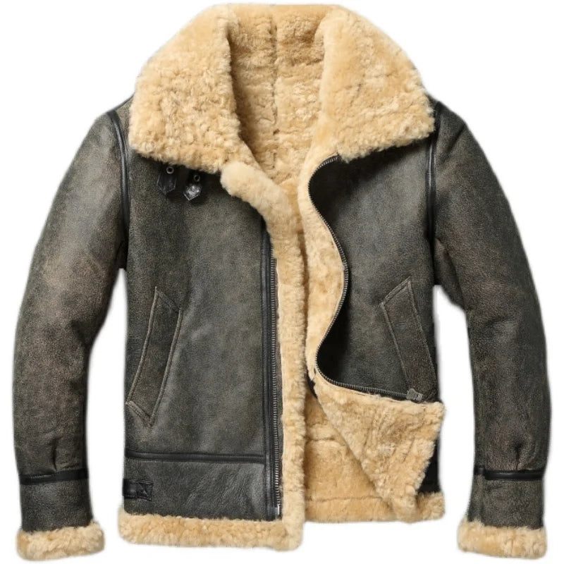 Vinter Varm Tjock Ull Skinnjacka Män Äkta Päls Naturliga Shearling Ytterkläder. - Grå