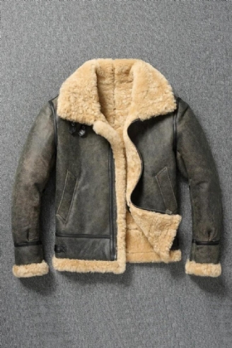 Vinter Varm Tjock Ull Skinnjacka Män Äkta Päls Naturliga Shearling Ytterkläder.