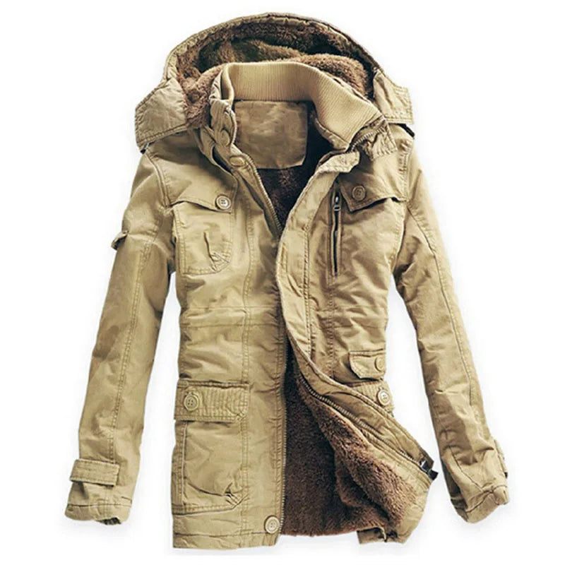 Vinterjacka Herr Casual Tjock Sammet Varma Jackor Parkas Bomull Windbreaker Army Huvjacka Lång Trenchcoat - Kaki