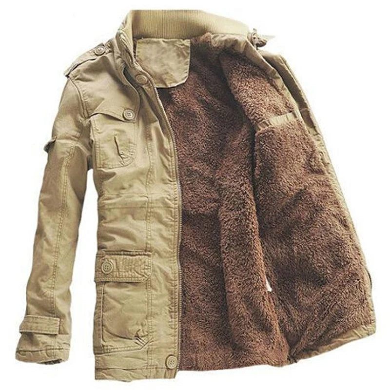 Vinterjacka Herr Casual Tjock Sammet Varma Jackor Parkas Bomull Windbreaker Army Huvjacka Lång Trenchcoat - Kaki