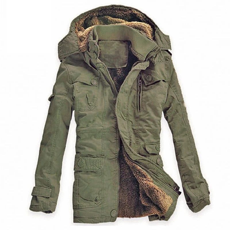 Vinterjacka Herr Casual Tjock Sammet Varma Jackor Parkas Bomull Windbreaker Army Huvjacka Lång Trenchcoat - Kaki