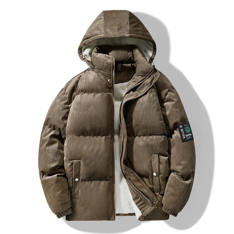 Vinterparkas I Fleece För Män Vadderad Jacka Tjock Fleecekappa Casual Parkas Med Fast Ställkrage För Herr - Khaki