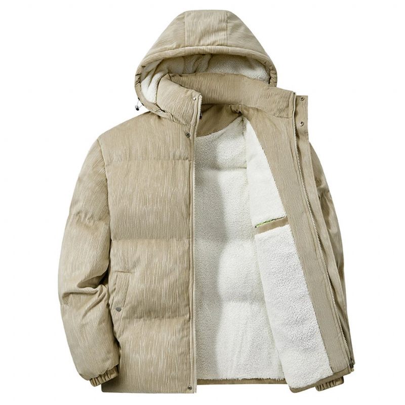 Vinterparkas I Fleece För Män Vadderad Jacka Tjock Fleecekappa Casual Parkas Med Fast Ställkrage För Herr - Khaki