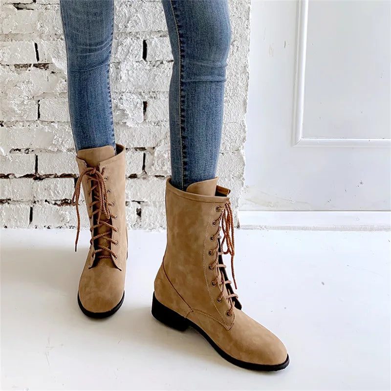 Vinterstövlar Fyrkantiga Med Klackar Martin Stövlar Street Style Damer Mid Calf Boots - Brun